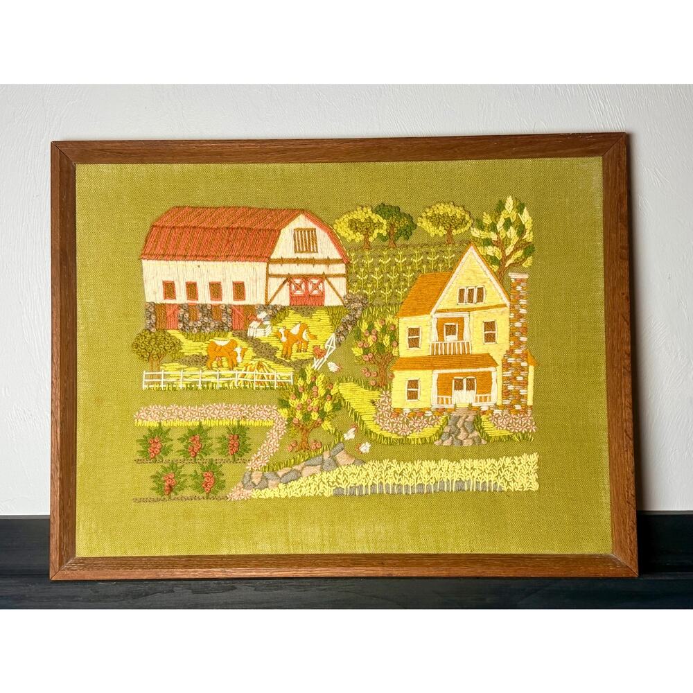 1970s Crewel Embroidery Farmhouse Wall Art – Avocado Green Fiber Art (Framed) - Picture 2 of 12